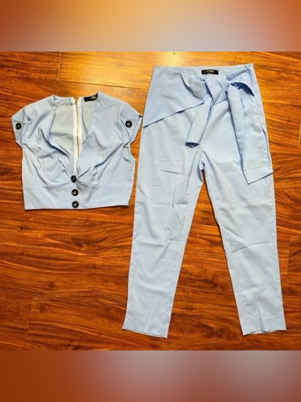 CBR Womens Light Blue Crop Blouse + Tie Front High Waist Crop Trouser Set Size M